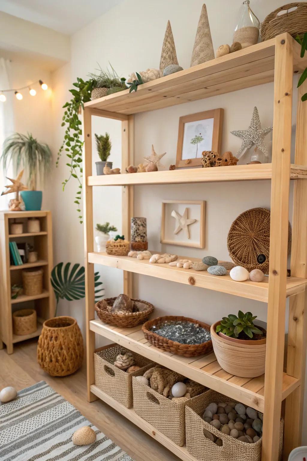 Timber shelves offer an eco-conscious and natural touch.