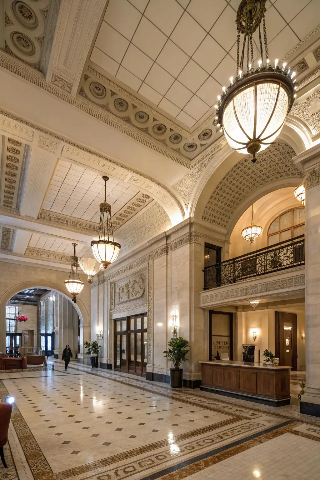 Strategic lighting highlighting the entrance hall's architectural features.