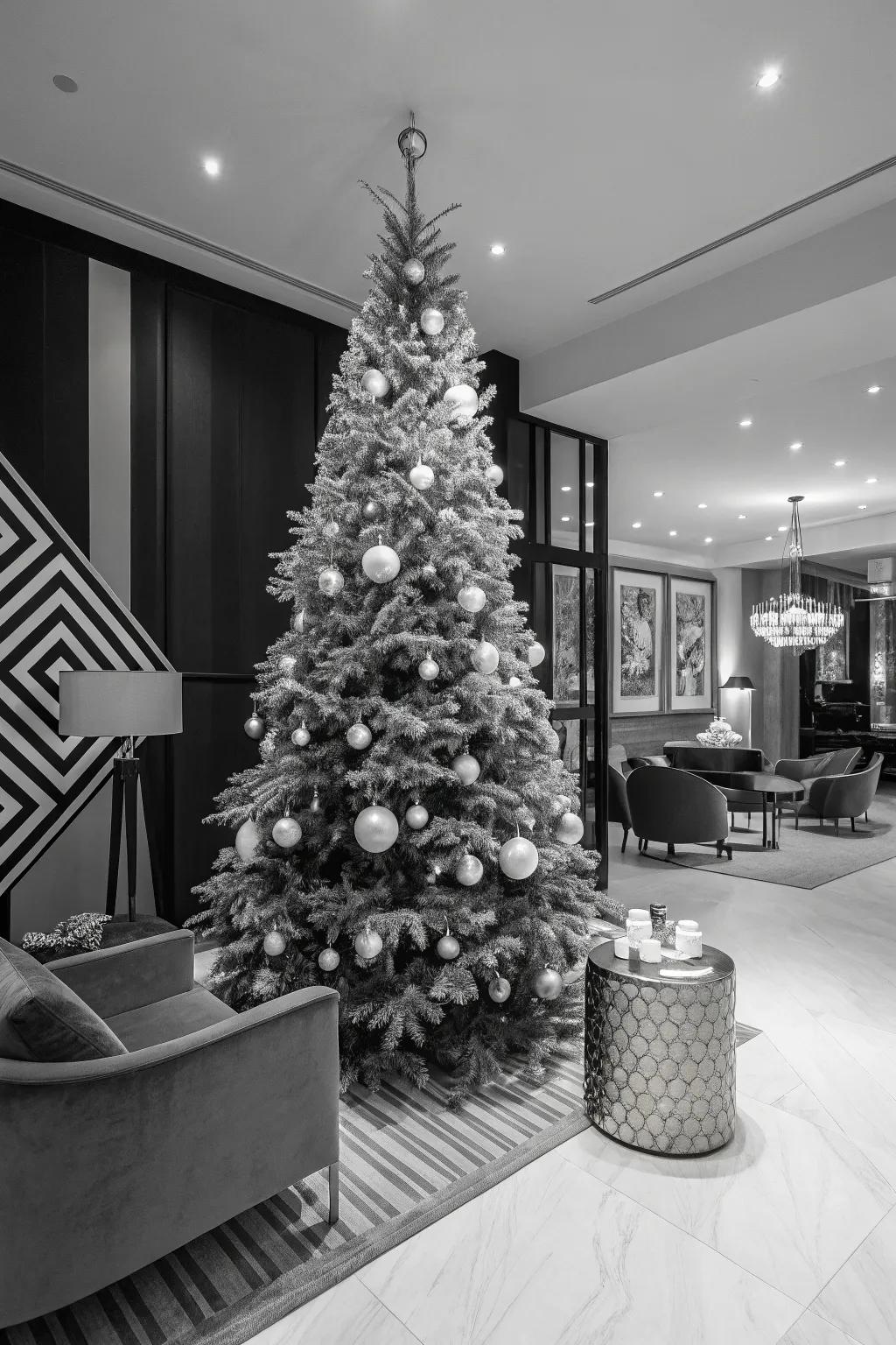 An Onyx and Ivory theme introduces modern sophistication to your Christmas tree.