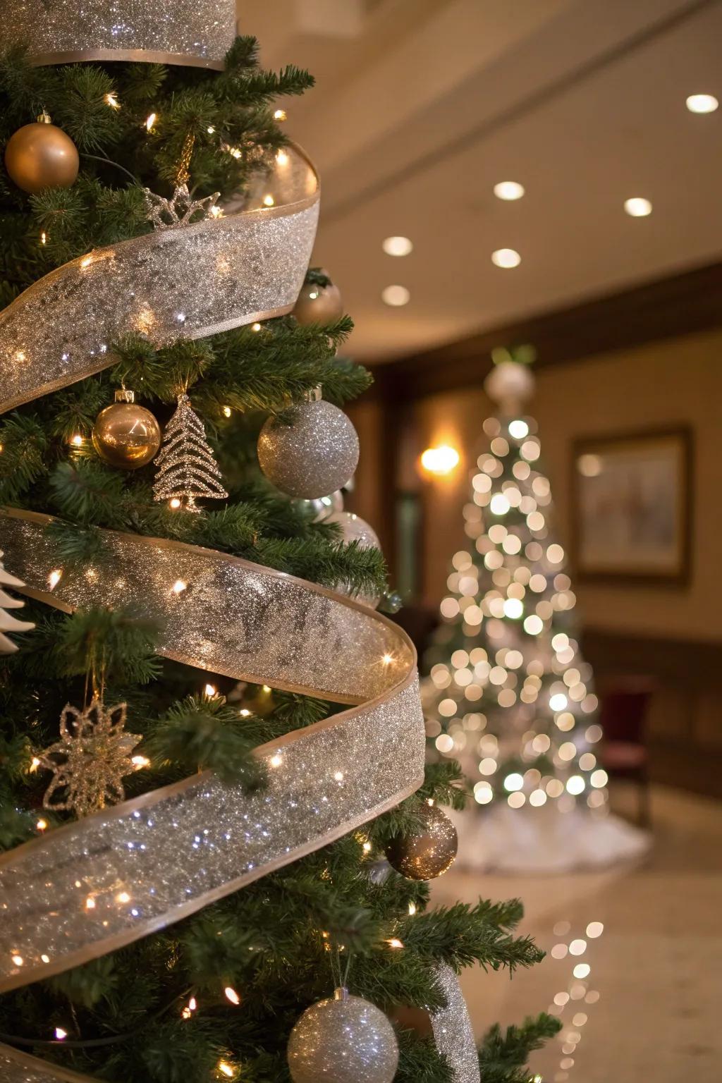 A Christmas tree with glittery ribbons, shining brightly with a glamorous touch.