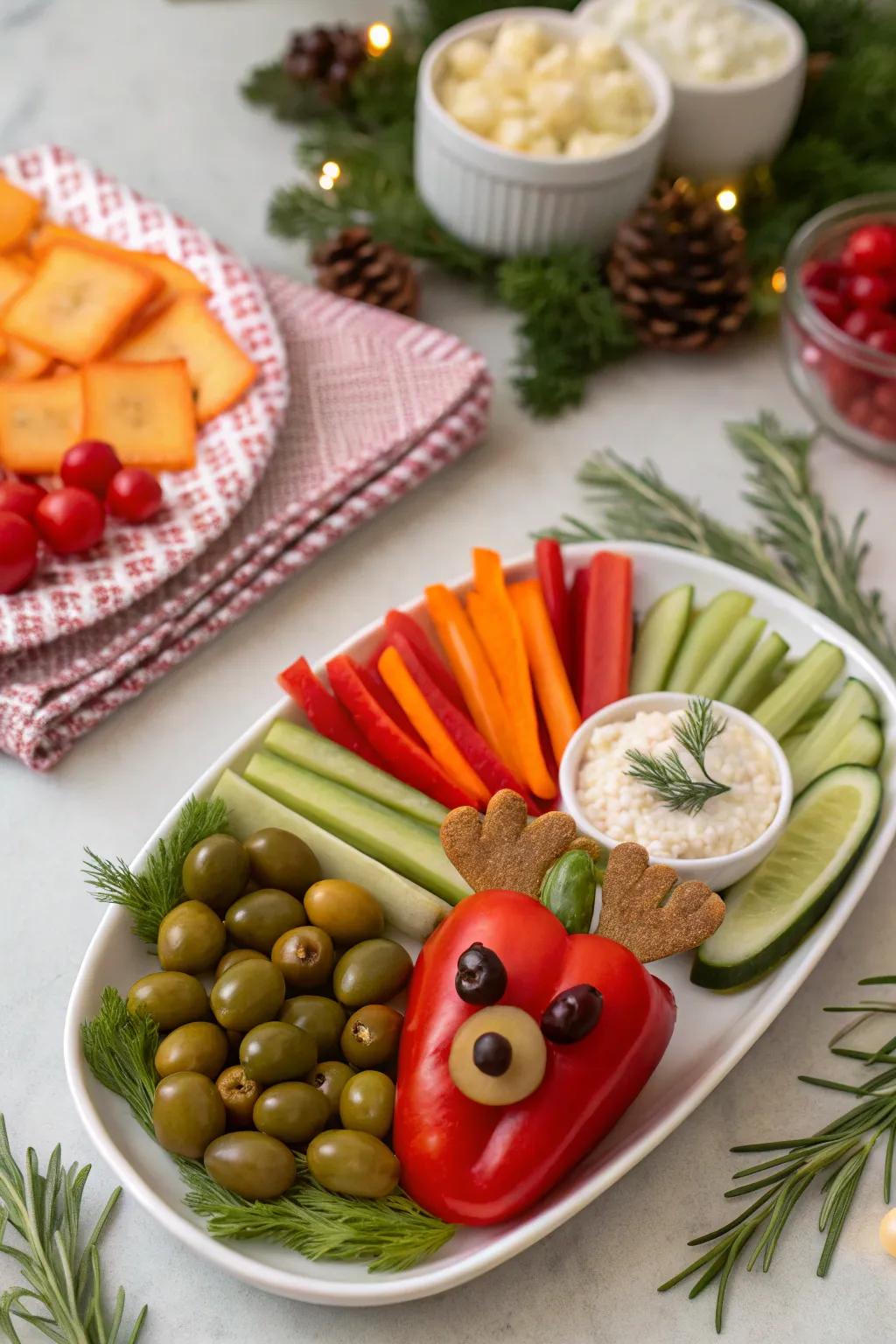 A reindeer veggie art piece that brims with holiday cheer and playful charm.