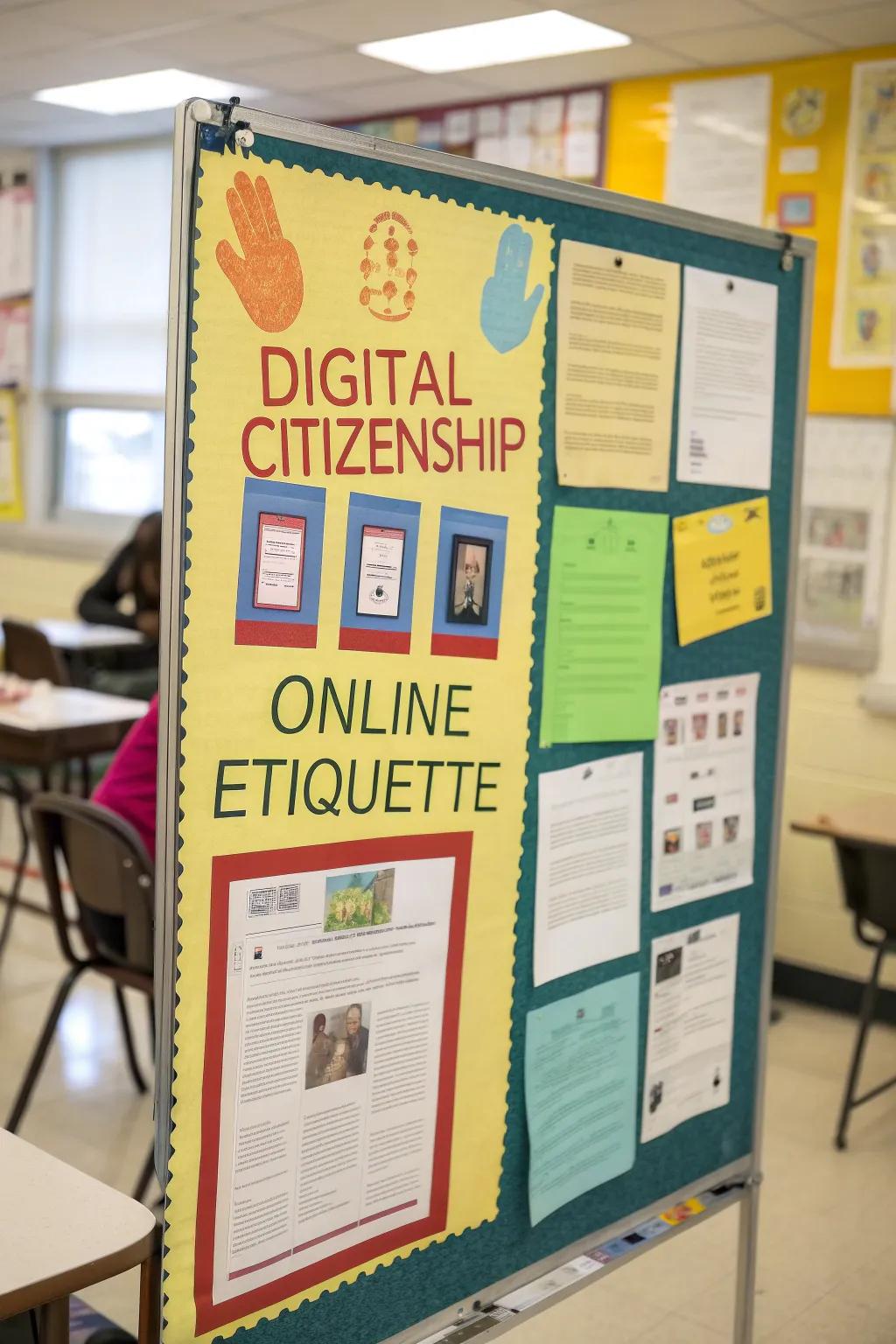 Notice board promoting digital citizenship and online safety.