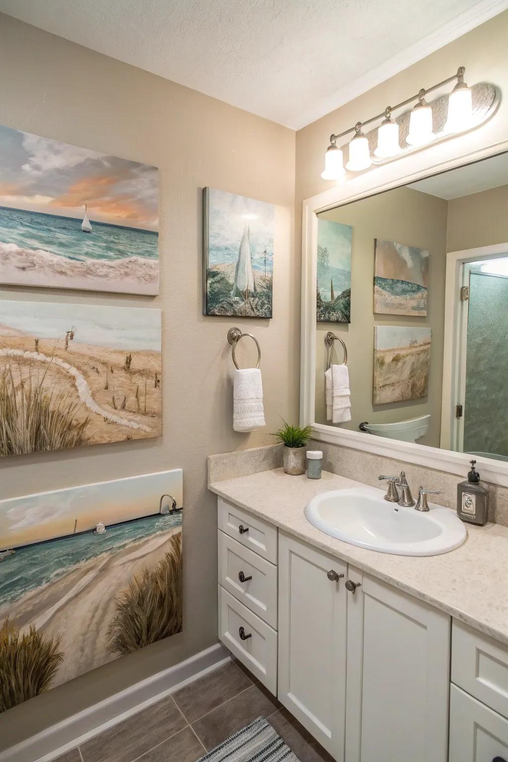 A bathroom with art that has a coastal theme, bringing the peace of the sea.