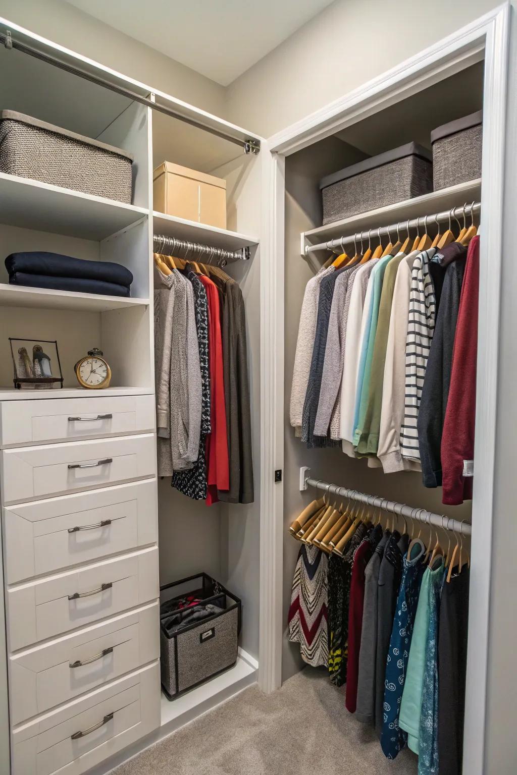 Telescopic rods offer flexible, space-saving solutions perfect for smaller closets.