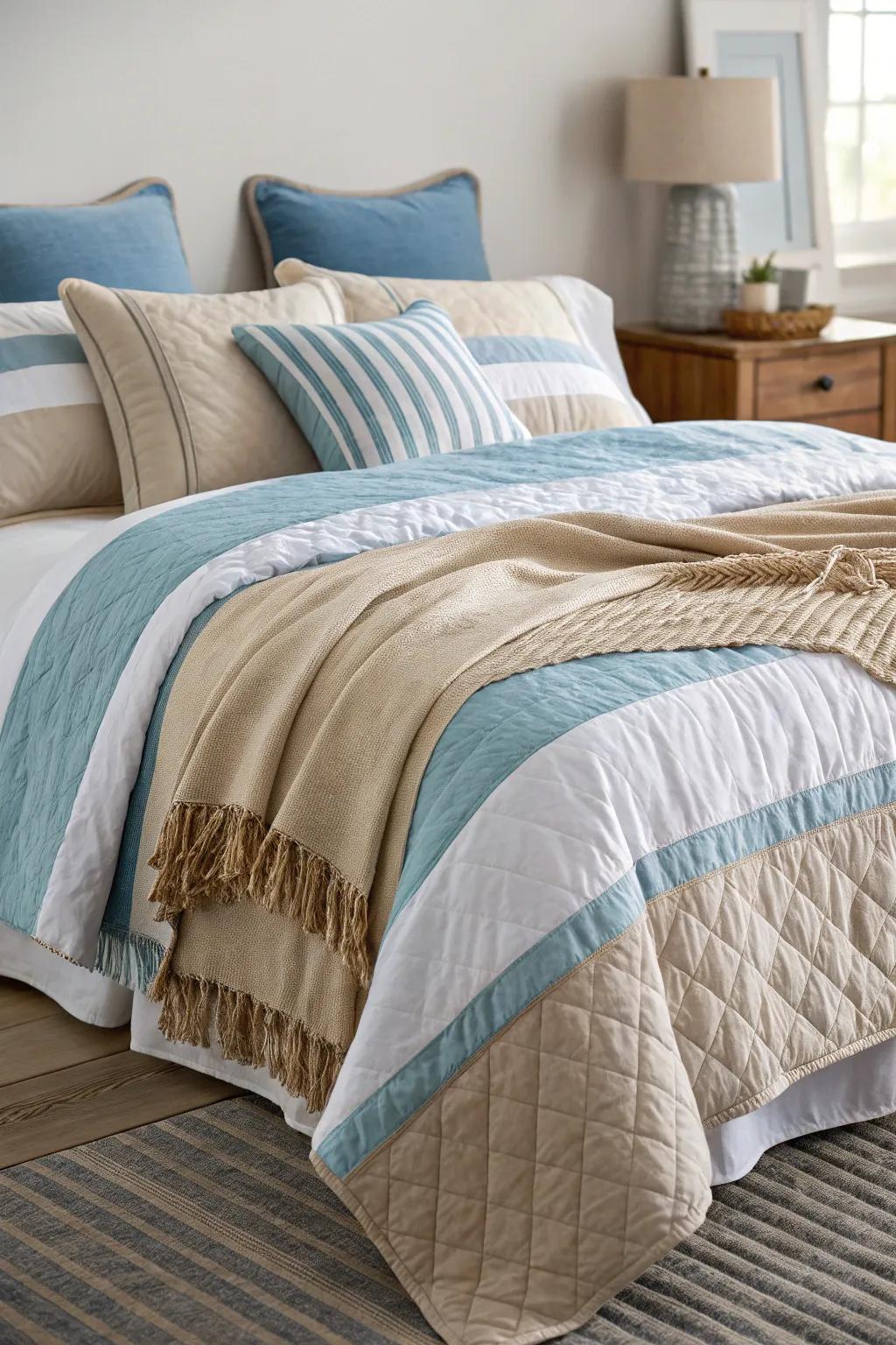 Layered bedding includes depth and luxury to the shoreline look.