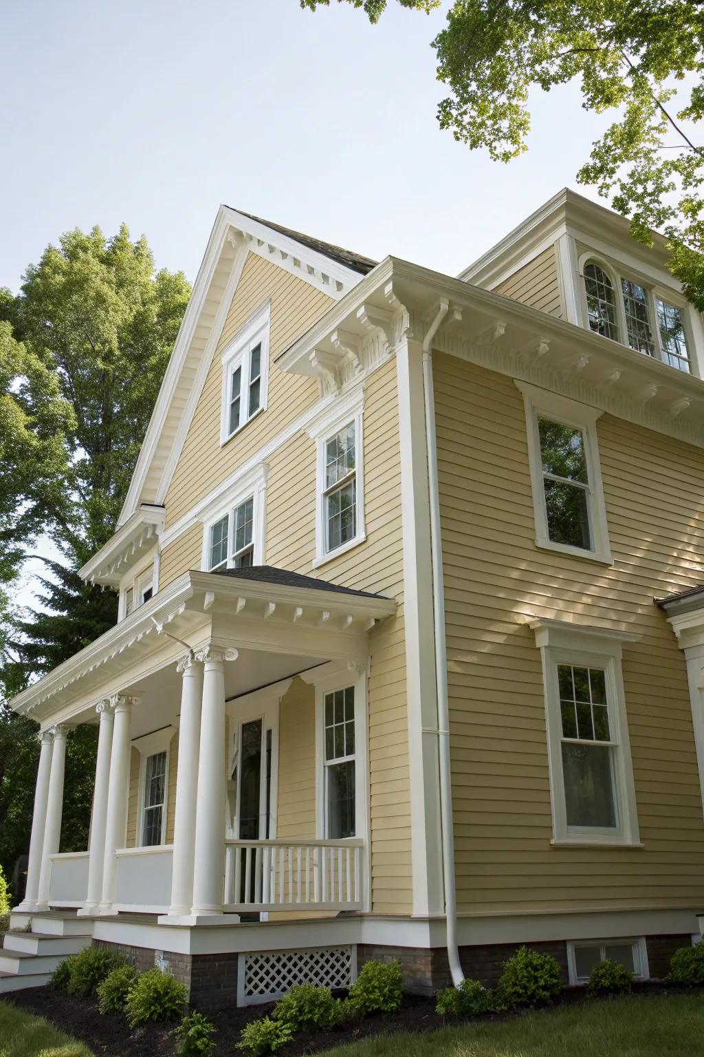 A colonial house showcasing striking contrast with its khaki base and alabaster trim.