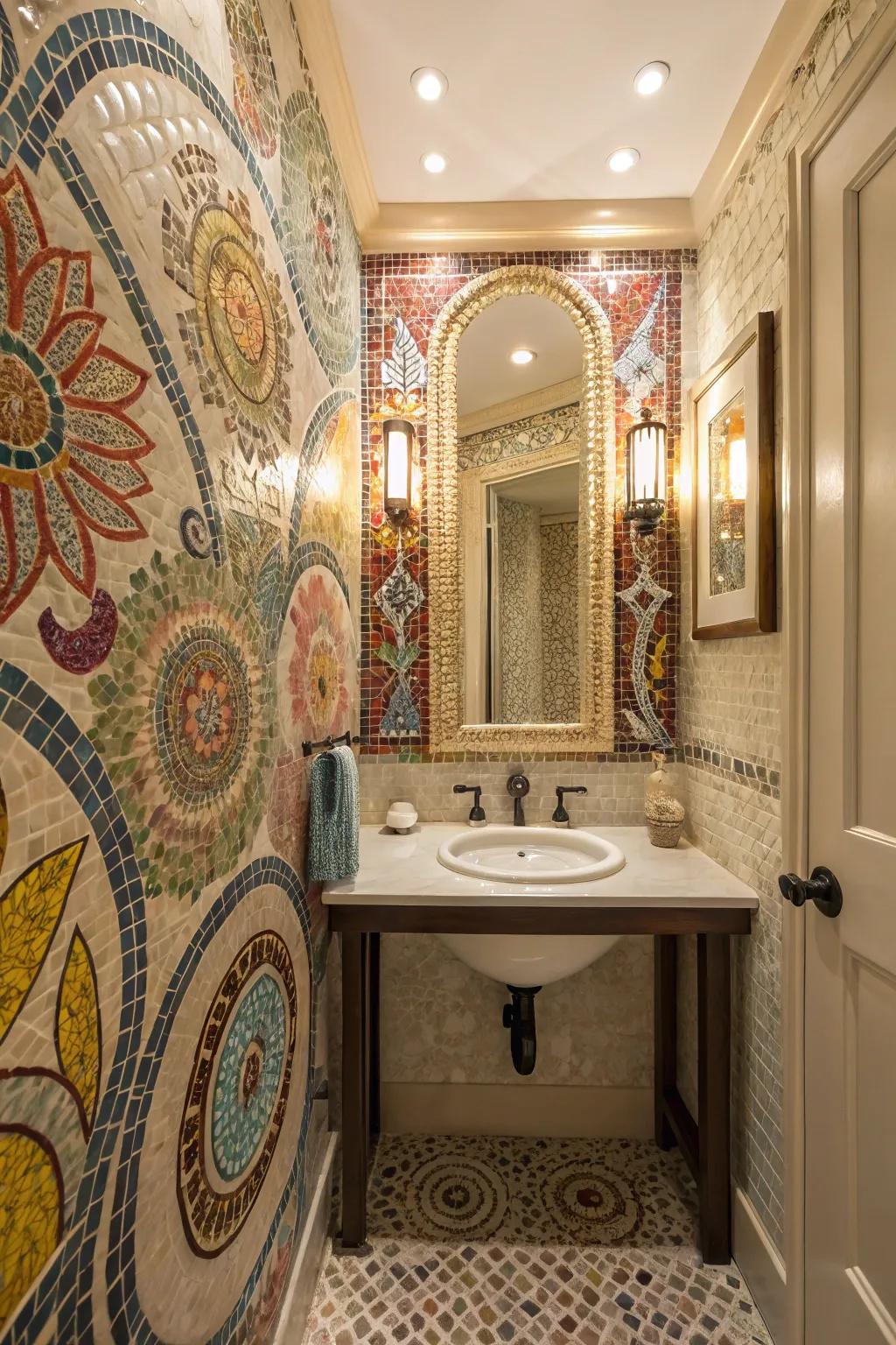 Artistic mosaic pieces inject a creative touch into this guest bathroom.