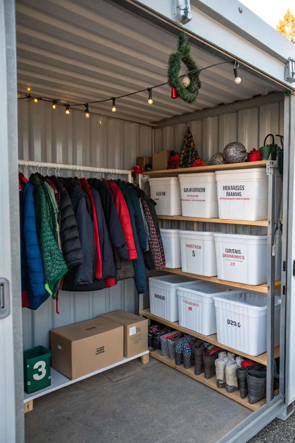 Holding seasonal items in a container aids with keeping household clutter down.