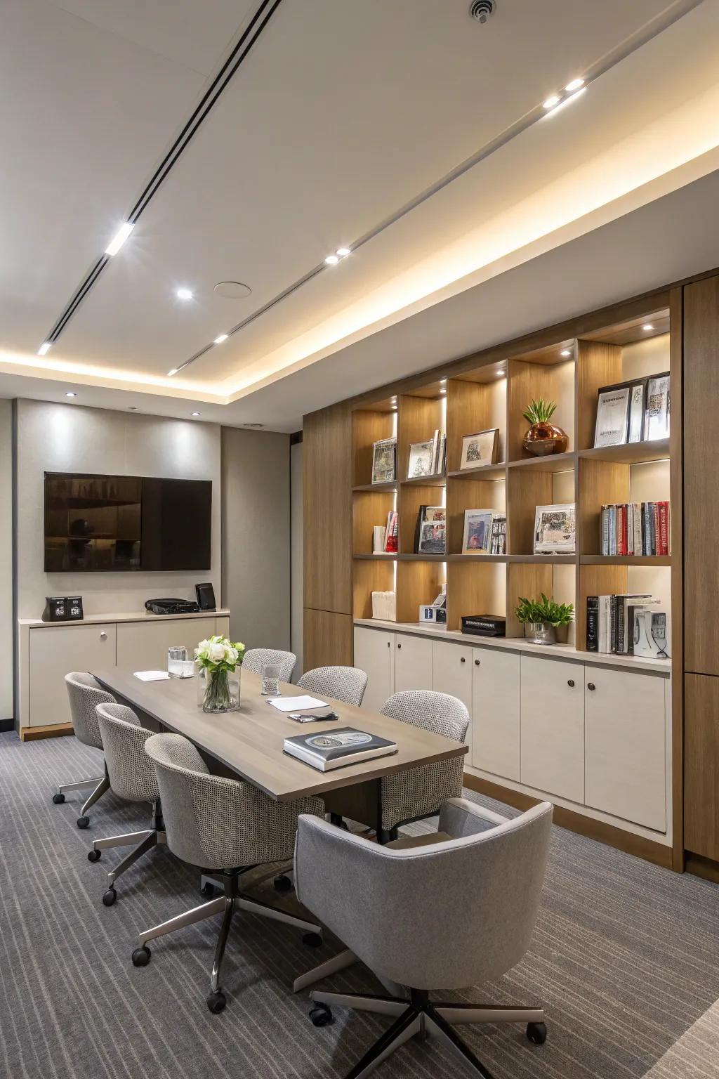 Smart storage options maintain a clutter-free conference room.