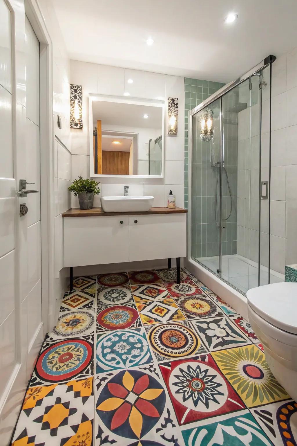 Bathroom with eye-catching standout tiles.