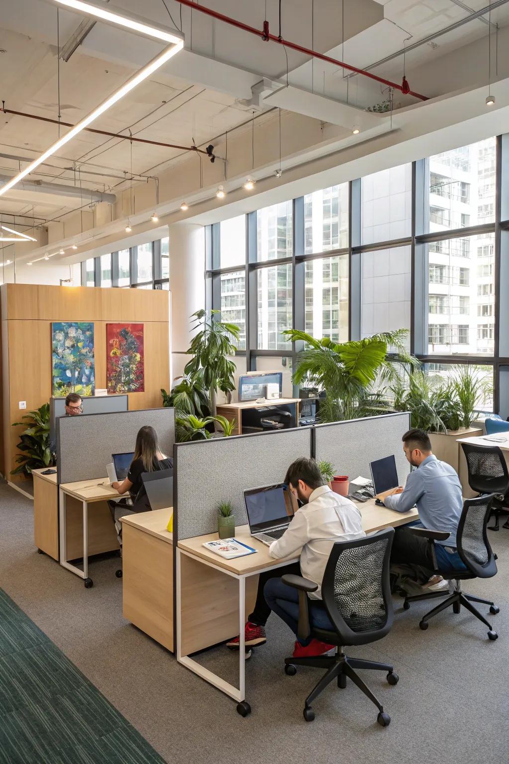 Office space with flexible workspaces and movable furniture.