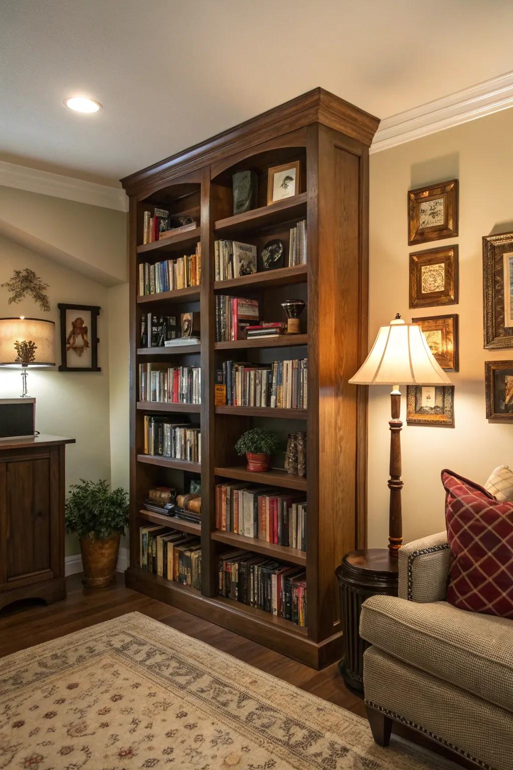 A tall bookshelf utilizes the corner's vertical space for storage and display.