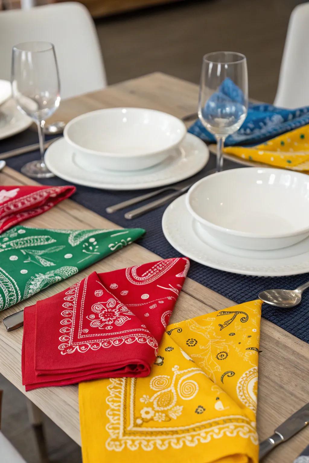 Bandana place settings contribute a vibrant and playful element.