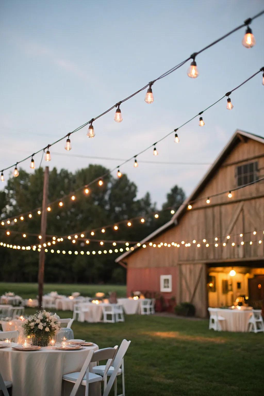 Twinkle lights craft a bewitching ambiance at a countryside nuptial.