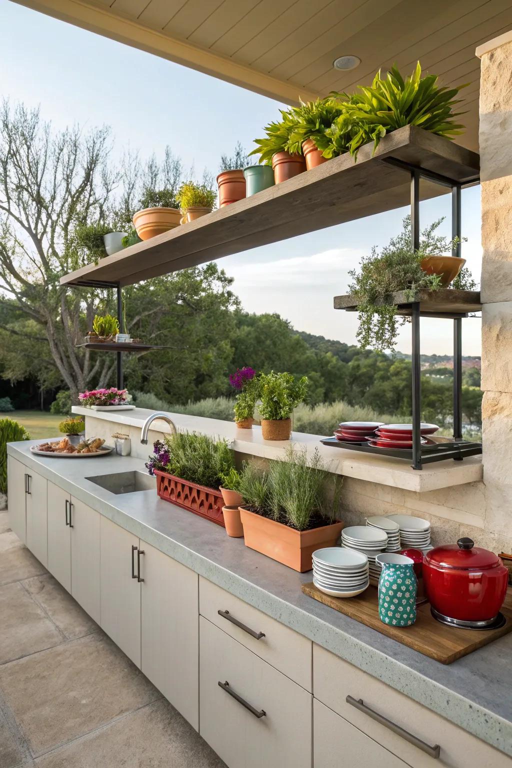 Floating shelves provide chic storage in your open-air kitchen.