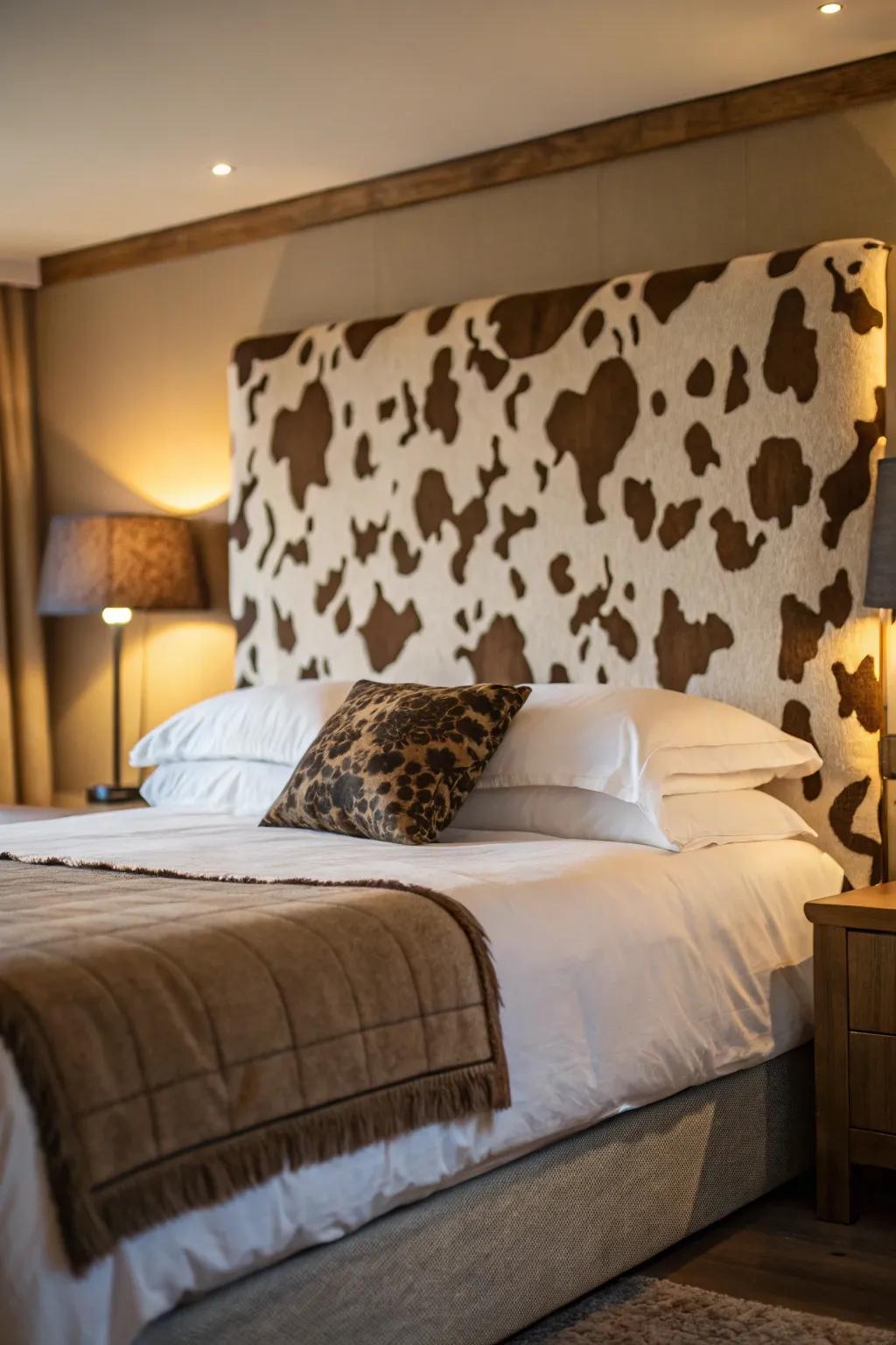 A cow print headboard serves as a stunning room centerpiece.