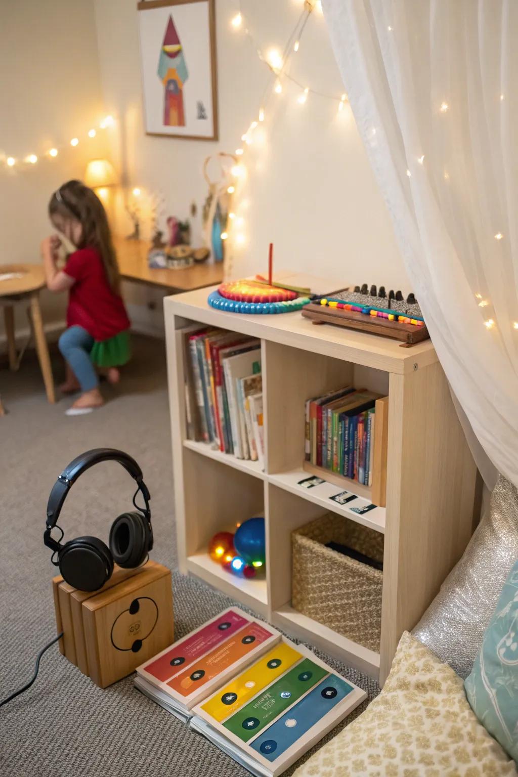 A music station adds a calming auditory layer to the cozy corner.