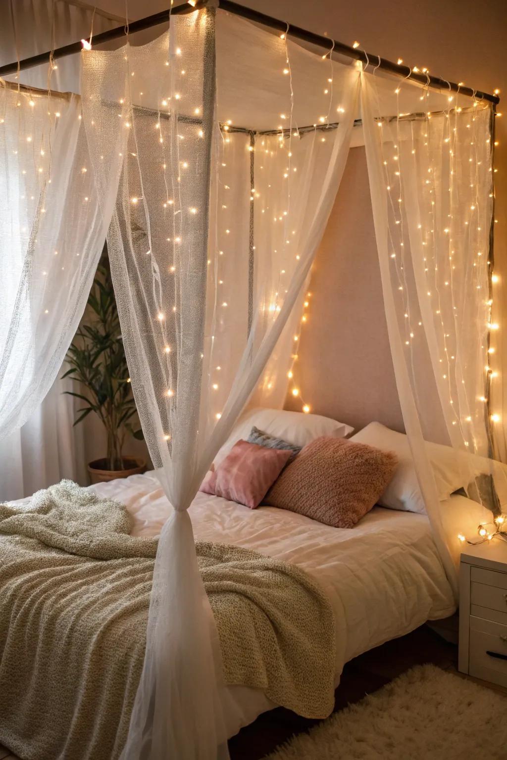 A canopy bed with sheer fabric and fairy lights.