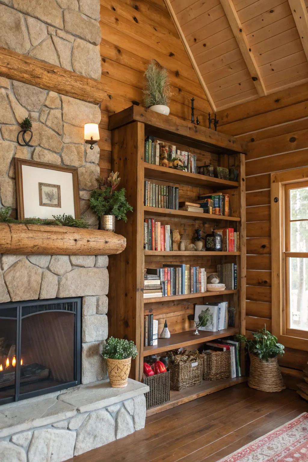 Reclaimed wood shelving adds character and functionality to the cabin, providing storage with a touch of history.