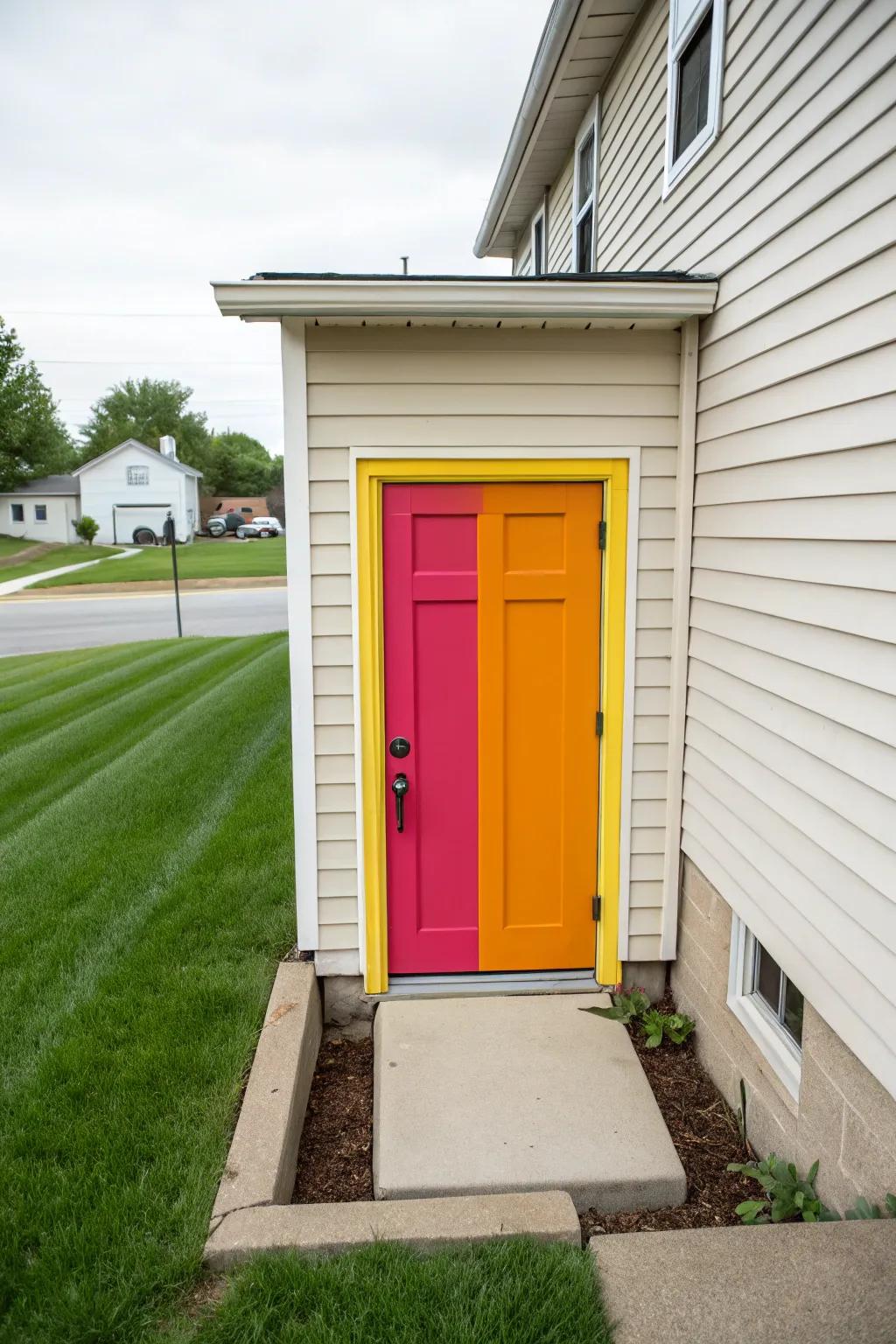 A vibrant hue selection transforms your basement entryway into a standout feature.