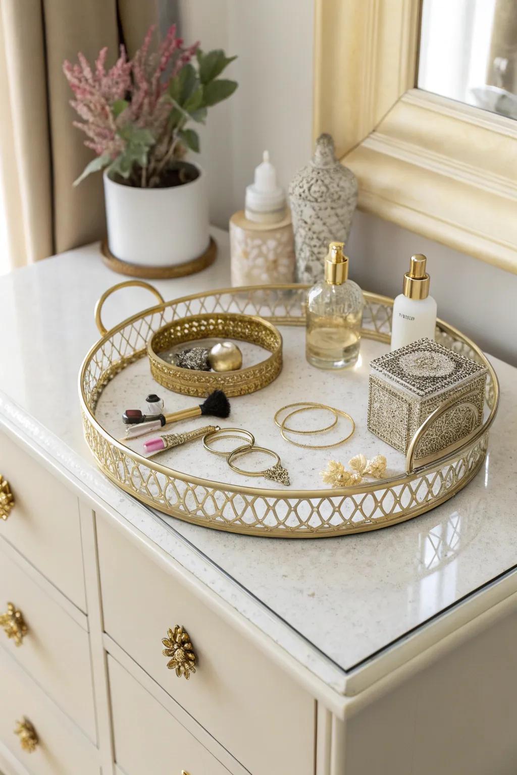 Setup trays inject polish and functionality to boudoir surfaces.