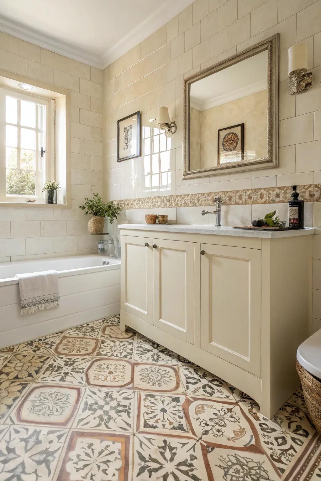 Patterned floor tiles bring appeal to this creamy bathroom.