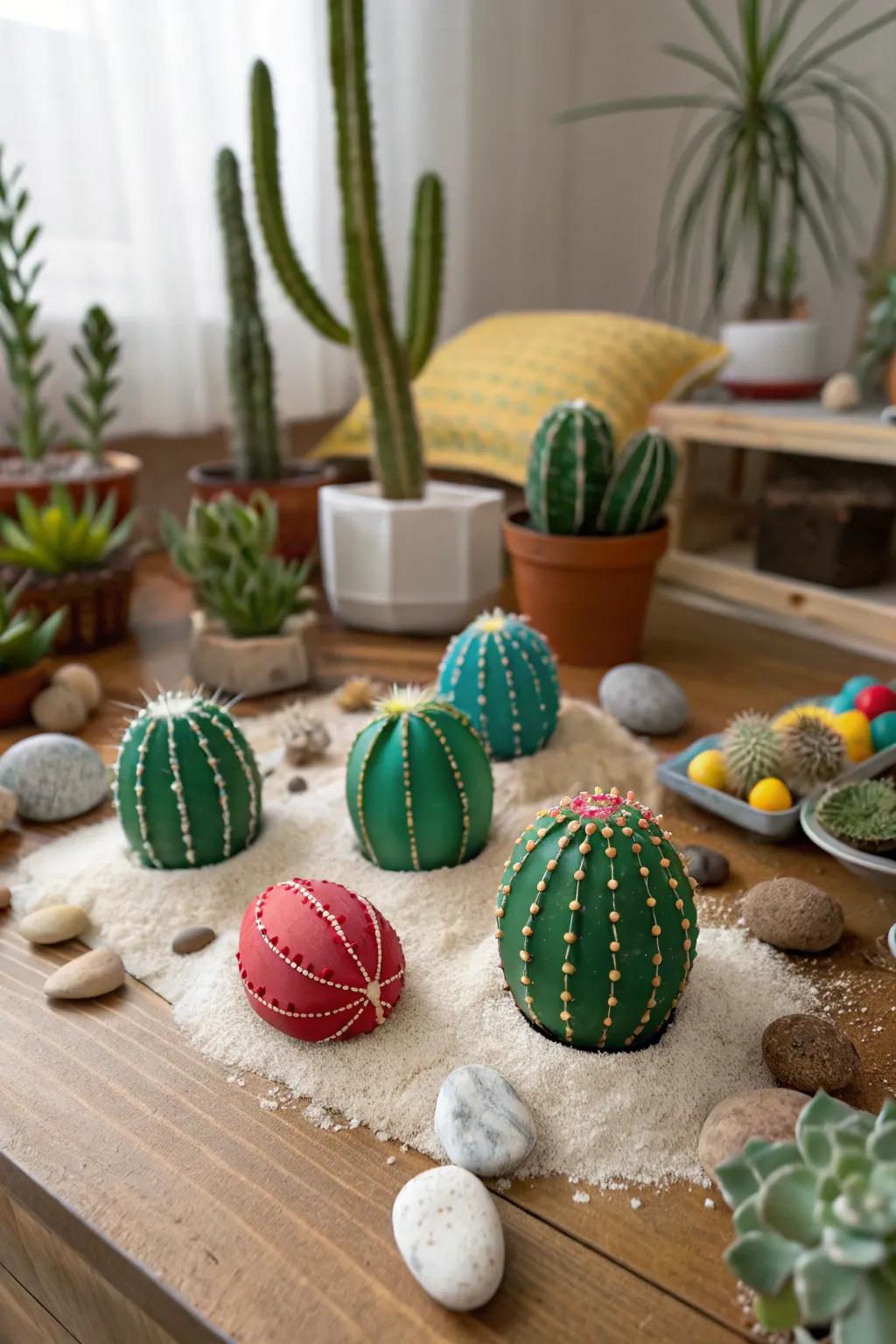 Cactus-themed eggs giving a playful tone to desert-themed decor.