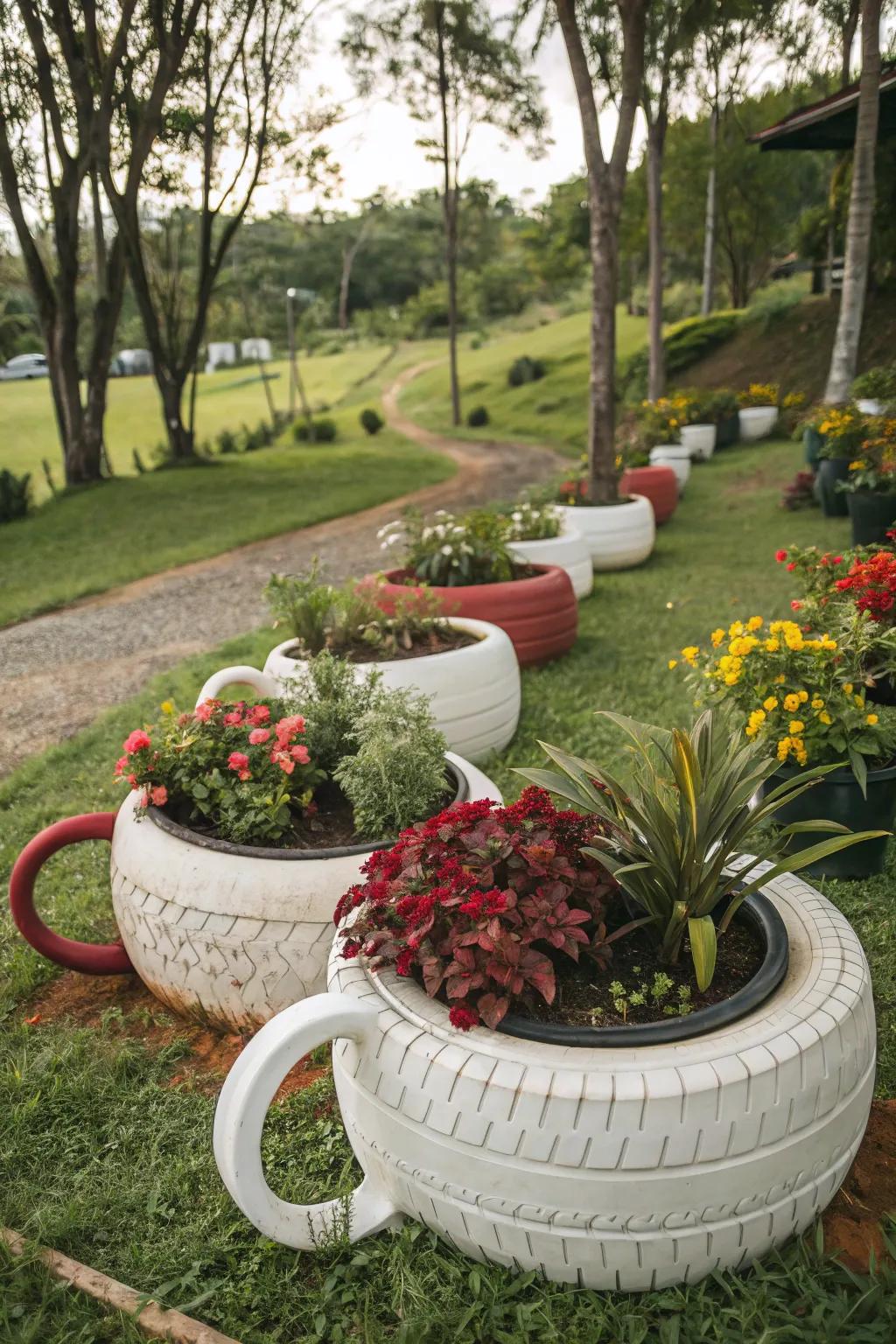 Whimsical coffee cup tire planters adding fun to the garden.