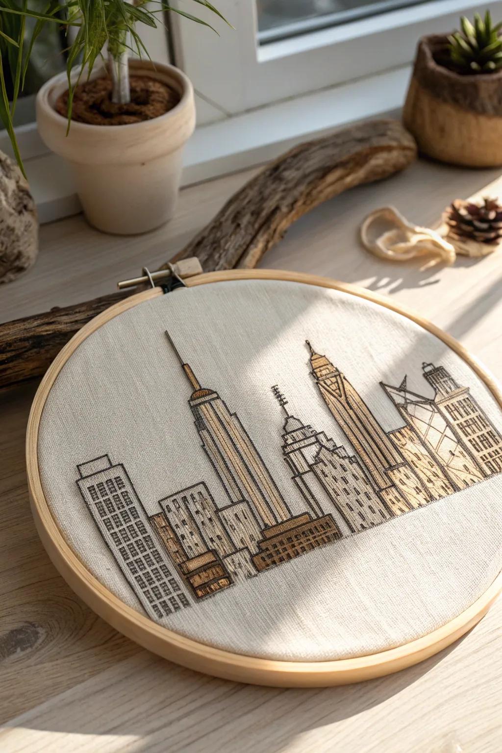 Capture your adventures using the delicate beauty of a cross-stitched city view.