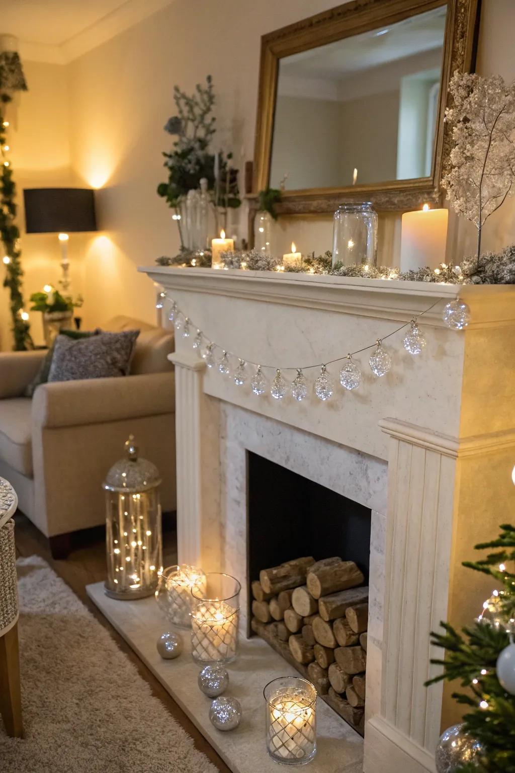 A mantelpiece is exquisitely adorned with crystals.