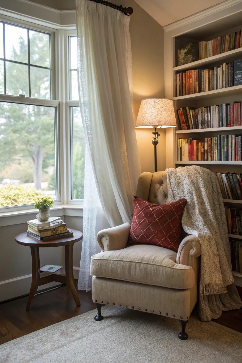 Curtain wall that marks off a cozy reading nook.