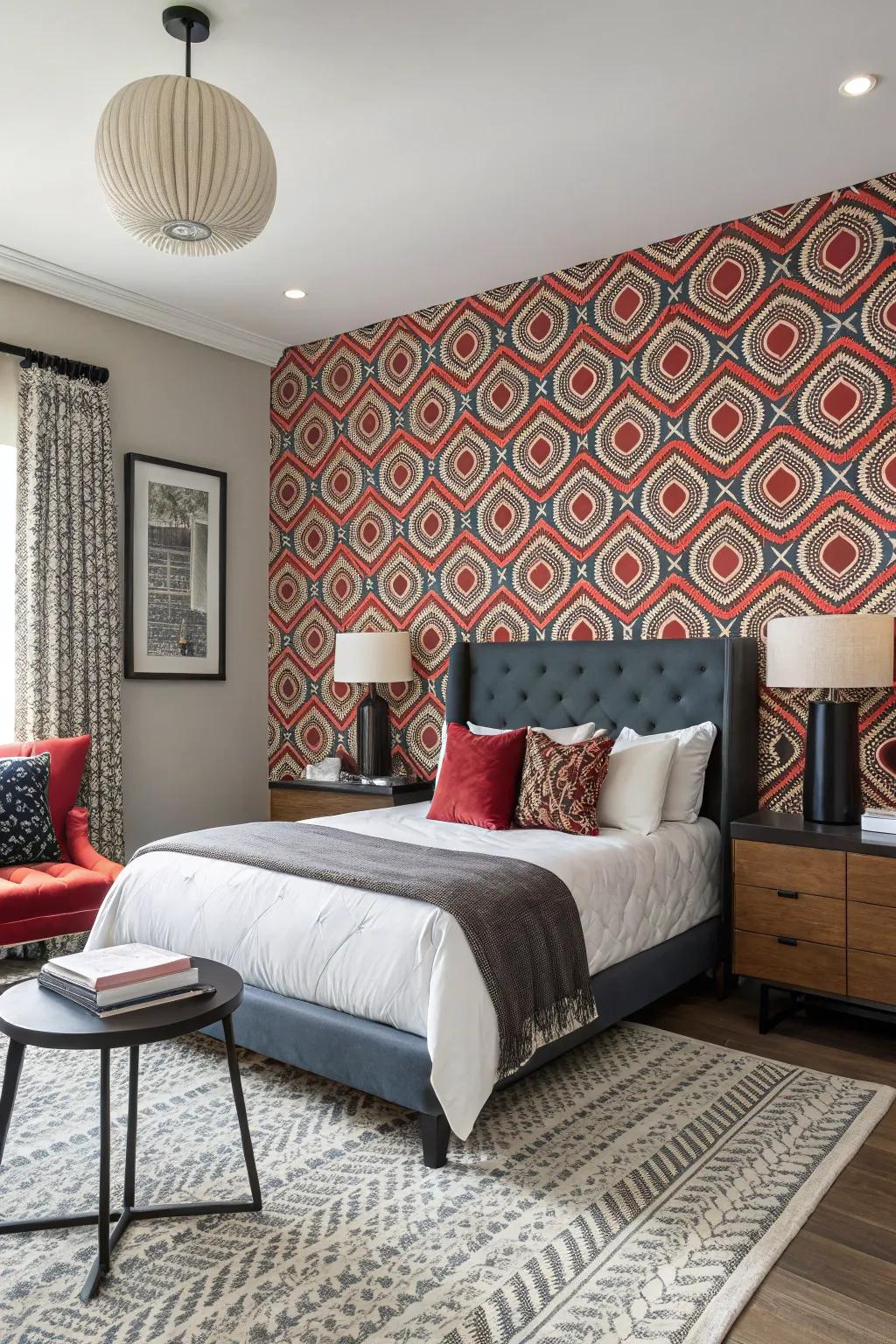 Dramatic wallpaper adds a bold statement.