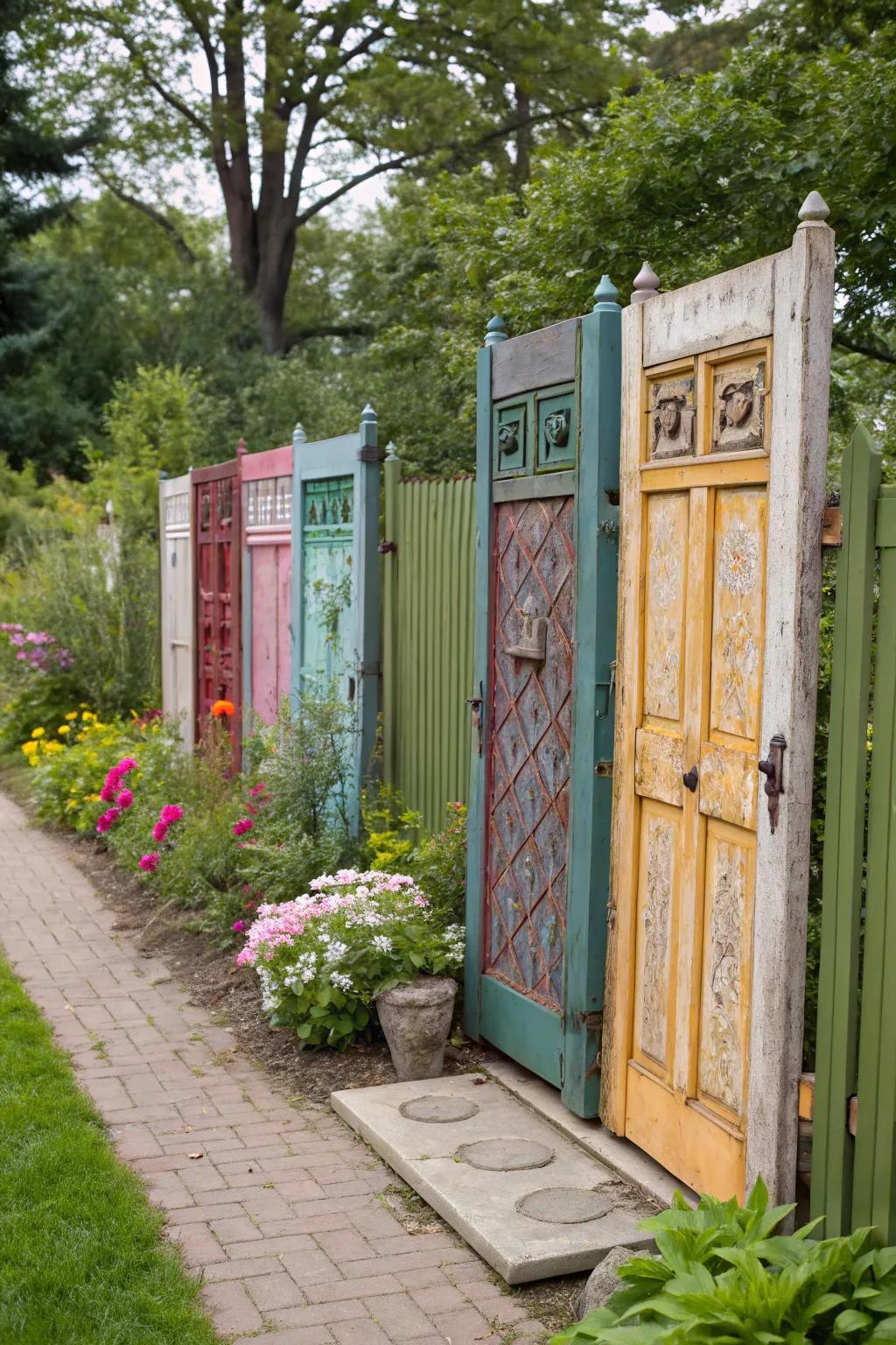 A barrier of repurposed doors adds countryside charm and creativity.