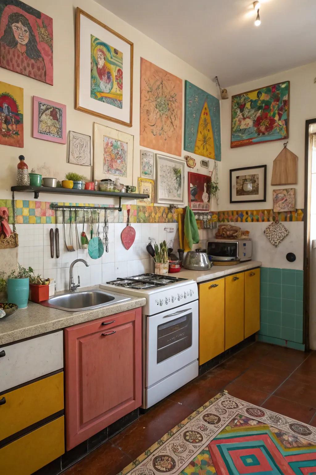 Artwork adds a personal and artistic touch to the kitchen.