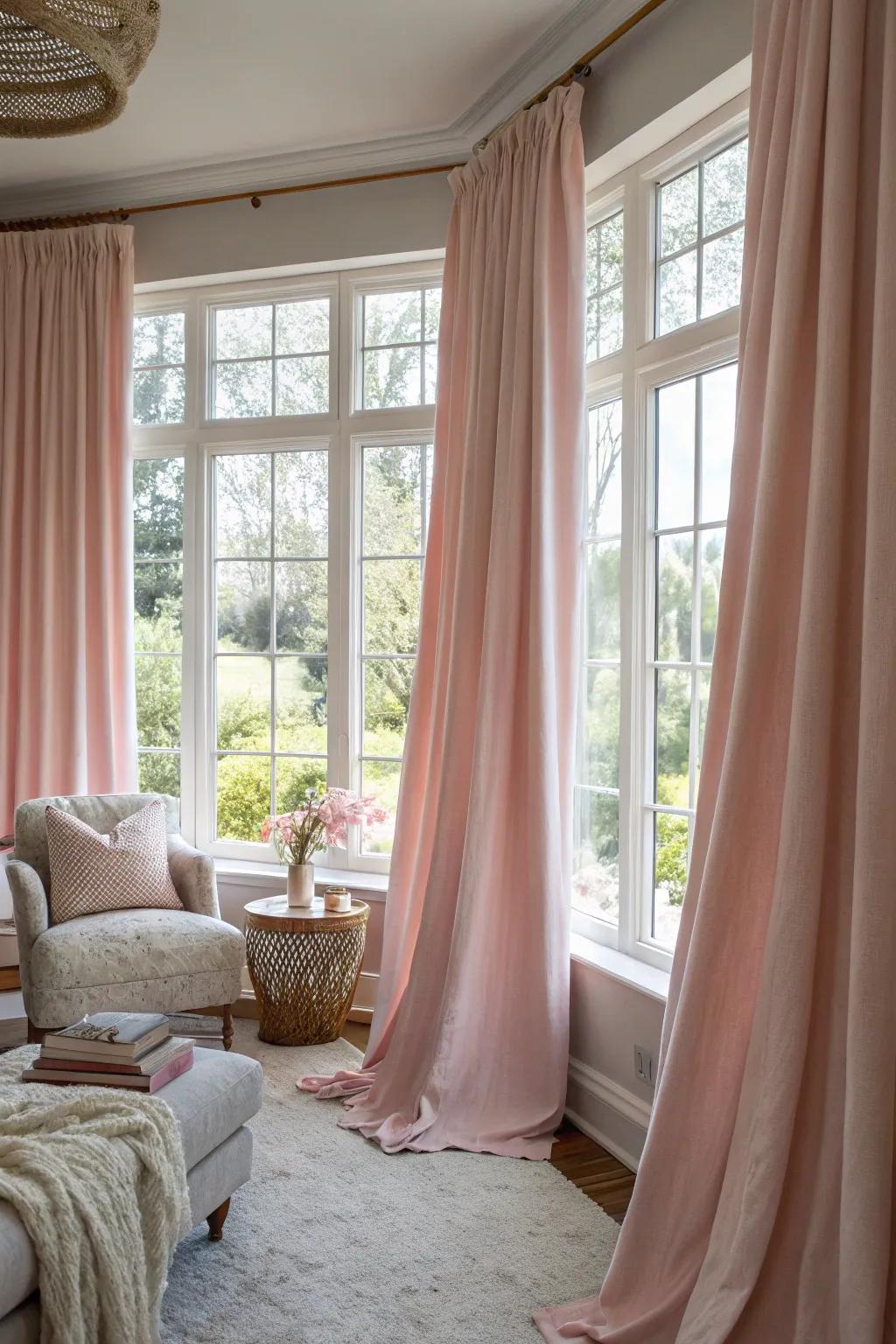 Rose curtains add a soft and elegant touch to the living room.