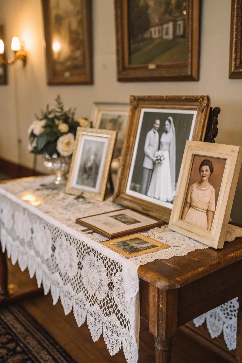 A vintage photo exhibit honoring family marriage celebration history.