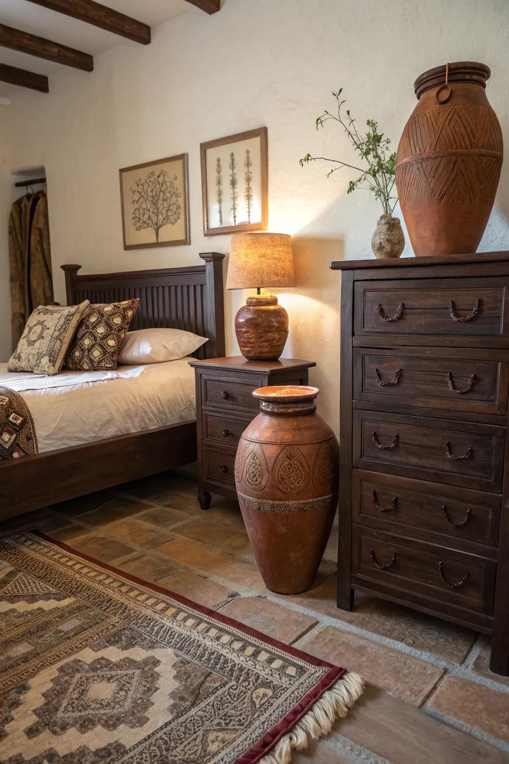 Earthy tones contribute warmth and unity to deep brown decor.