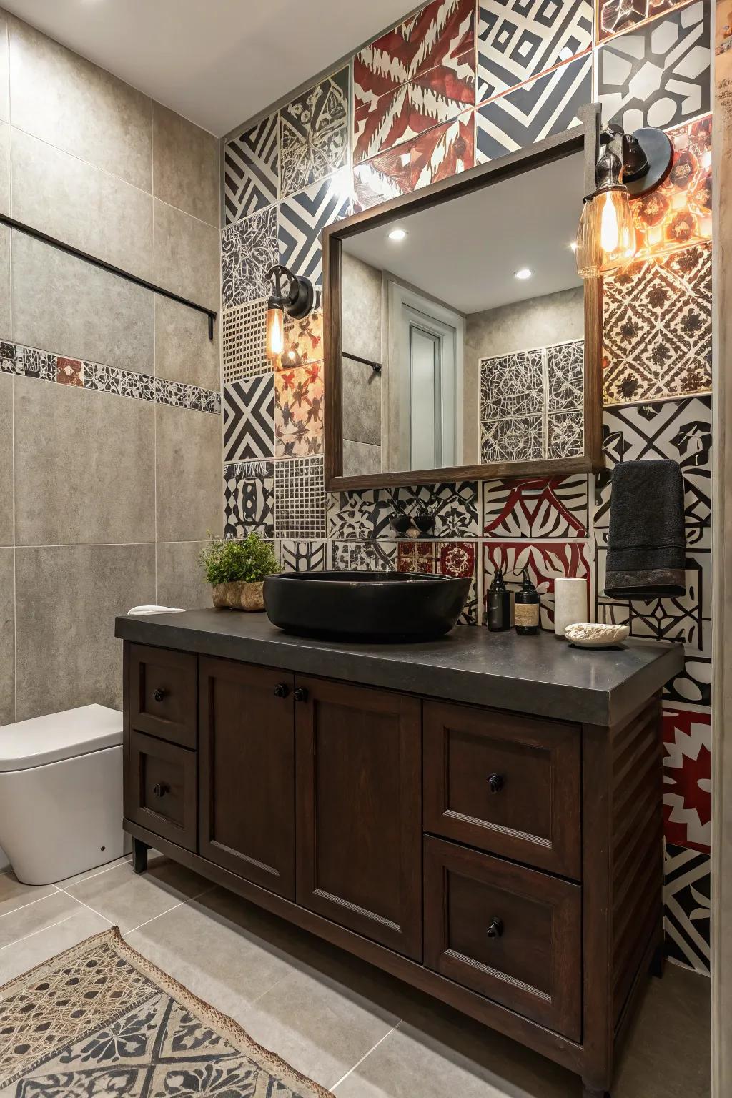 Bold patterns create a striking backdrop for a dark brown vanity.