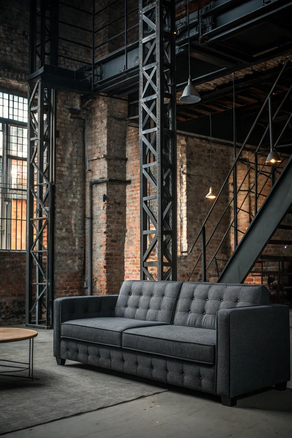 Urban elements bring a cutting-edge vibe to a gray couch setting.