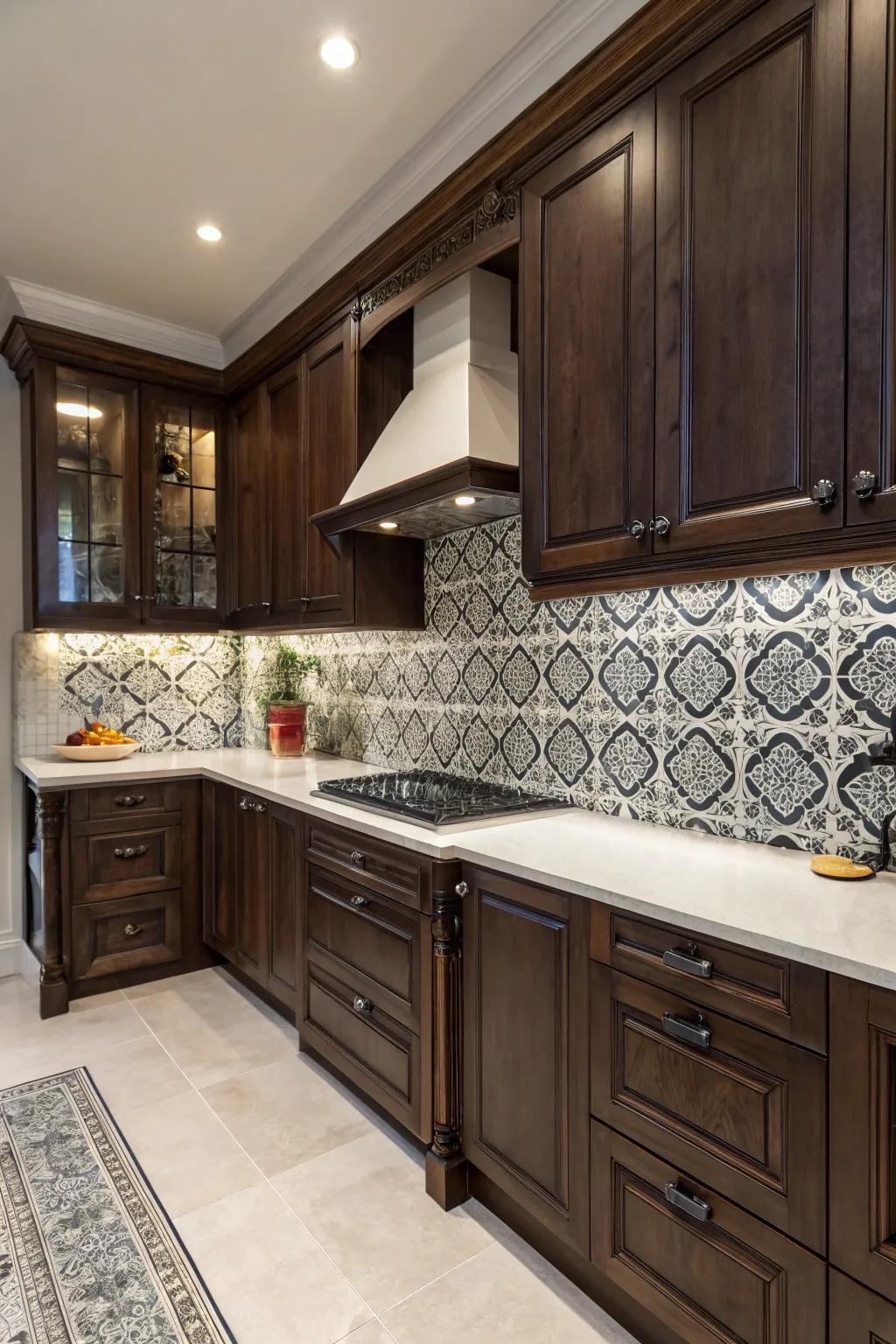 A bold, dark-patterned backsplash crafts a dramatic kitchen centerpiece.