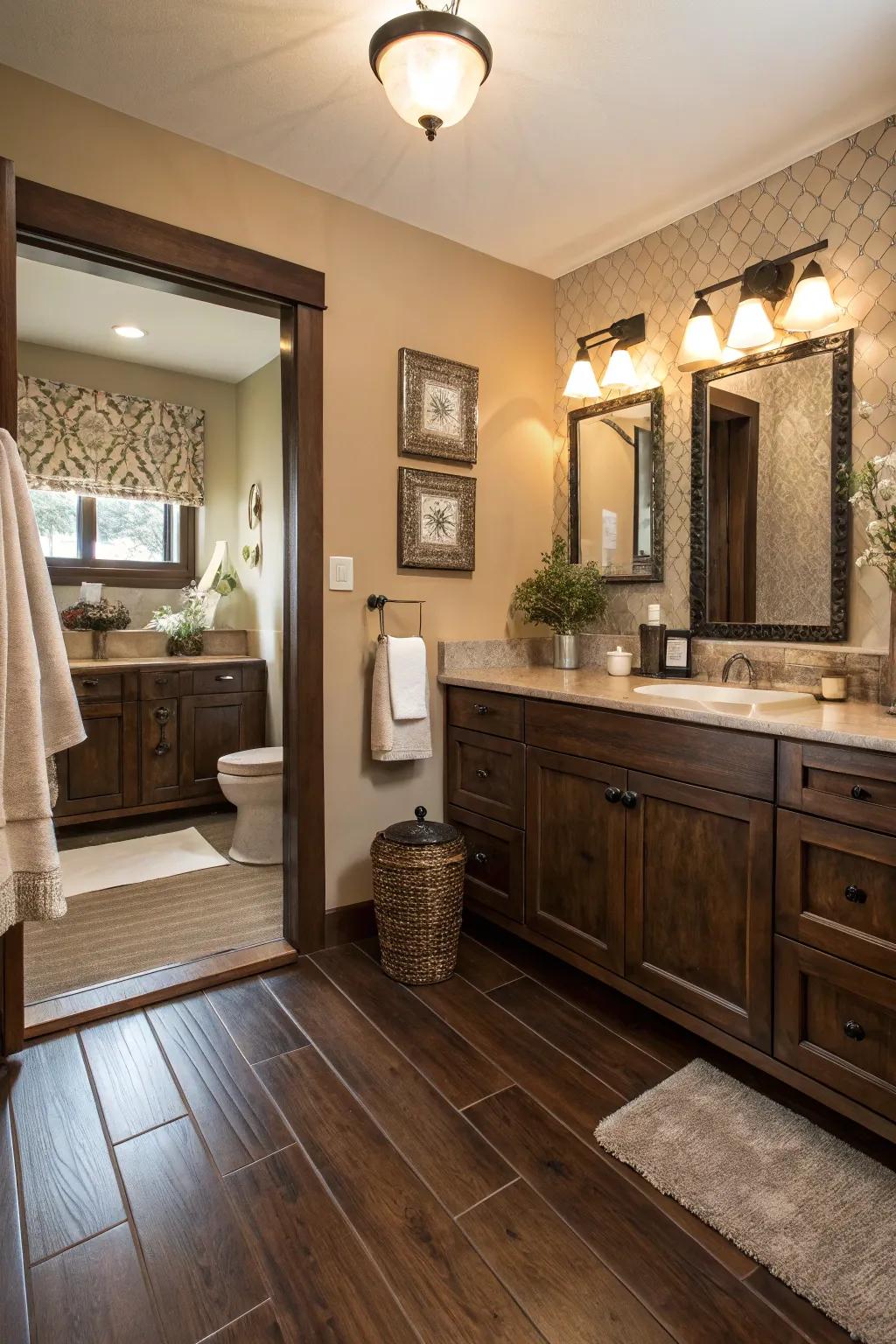Mahogany ground coverings instill a cohesive and luxurious feel in this bathroom.