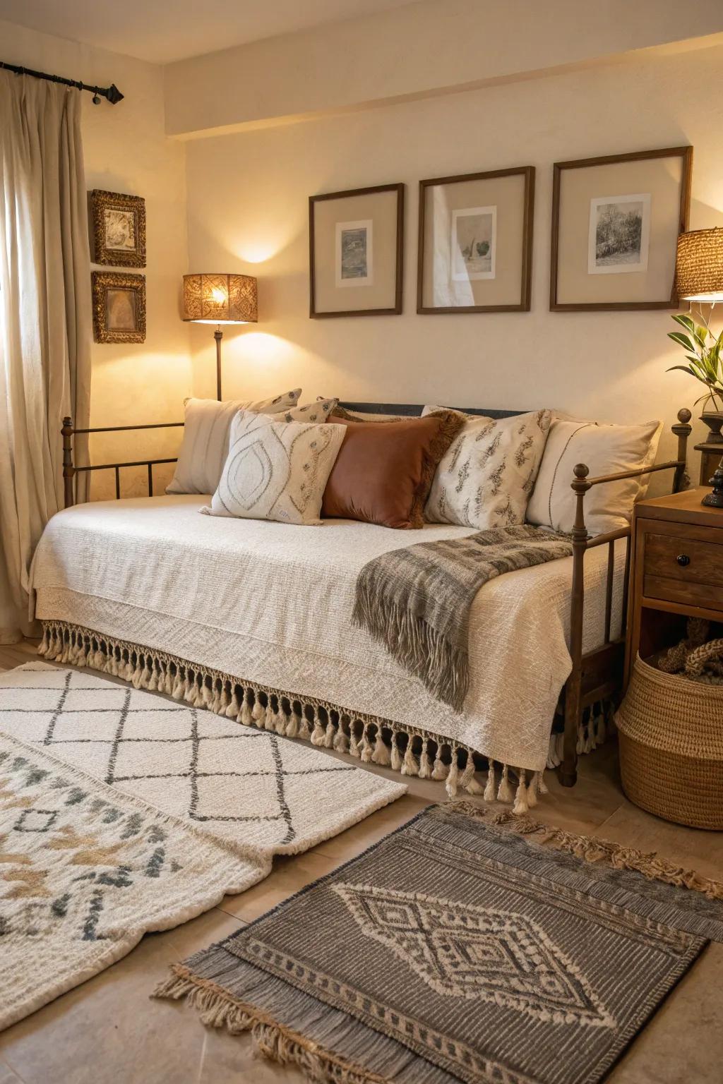Layered floor textiles add warmth and texture to this daybed setup.
