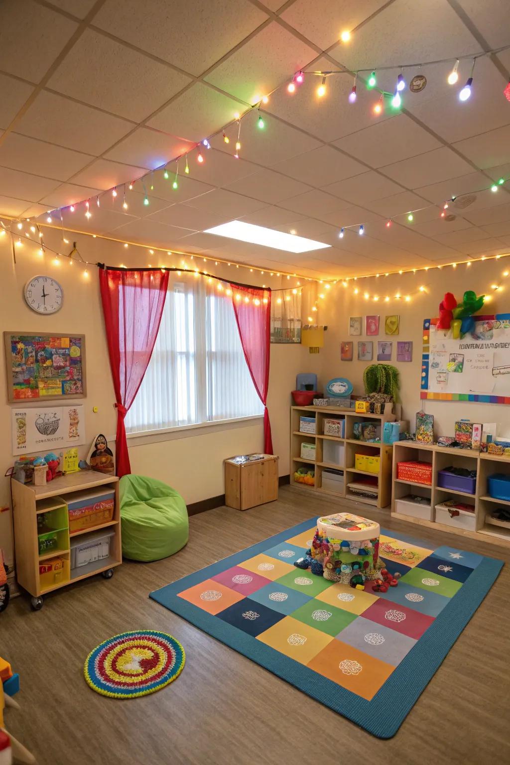 Dynamic lighting sets the mood for different activities.