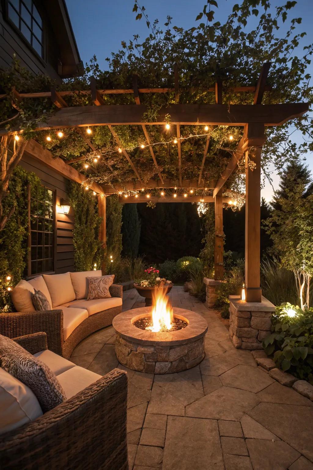 A pergola with a fire pit, ideal for cozy gatherings.