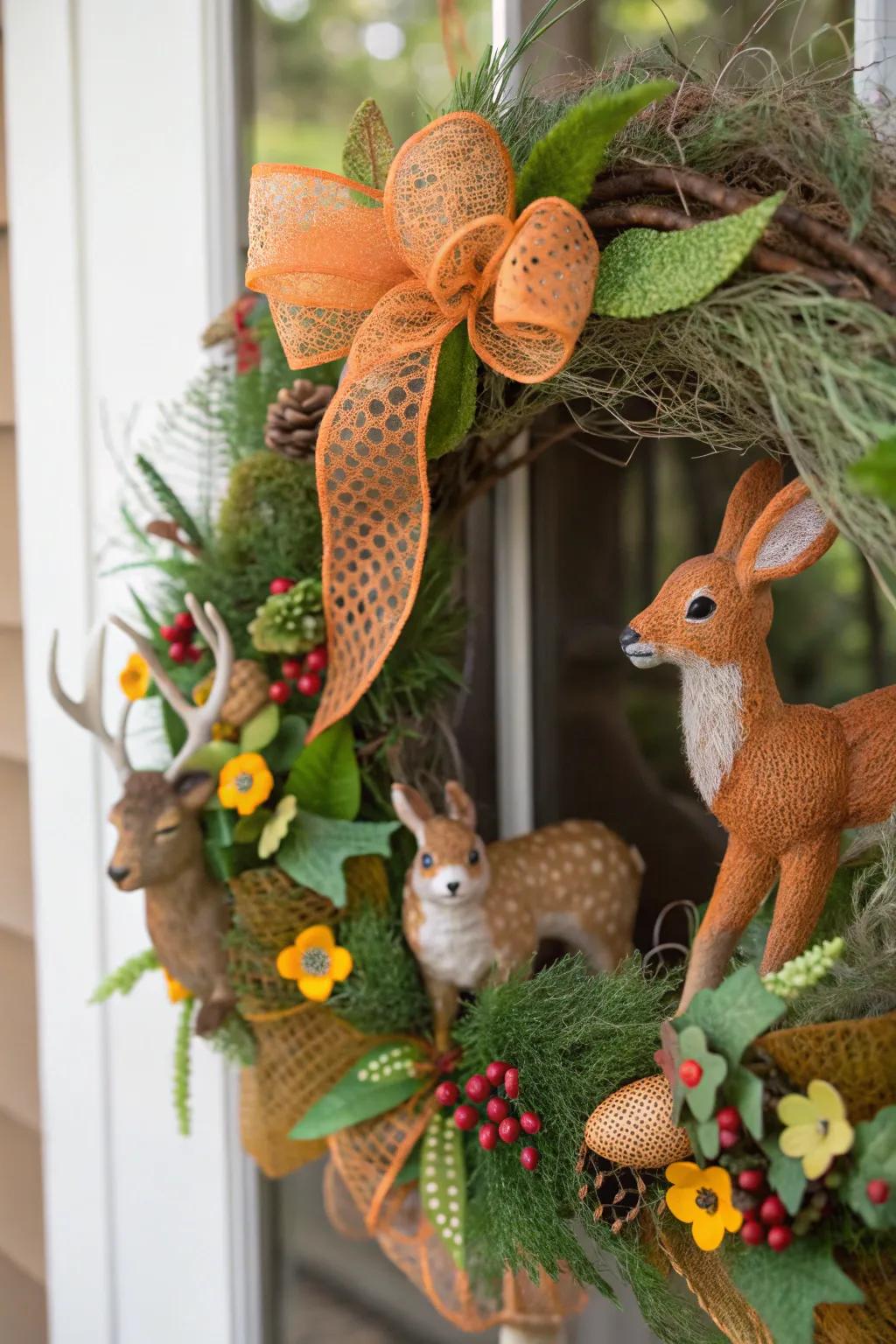Faux woodland creatures introduce whimsy to this captivating autumnal wreath.