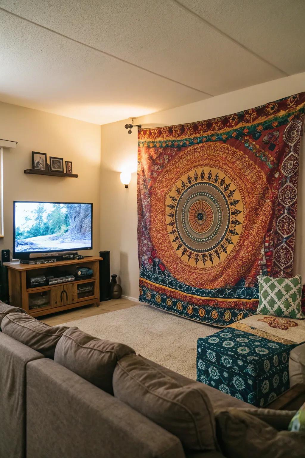 A tapestry introduces an original and colorful component to the TV vicinity.