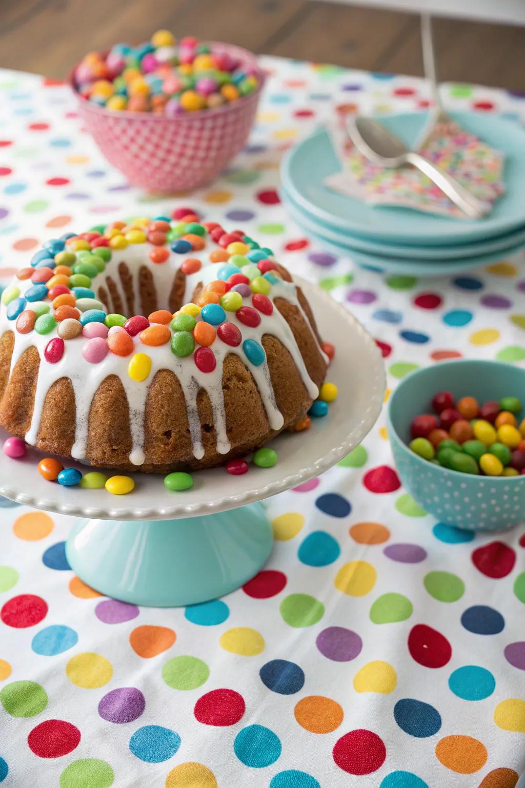A ring cake cheerfully adorned with a cornucopia of delightful candies.