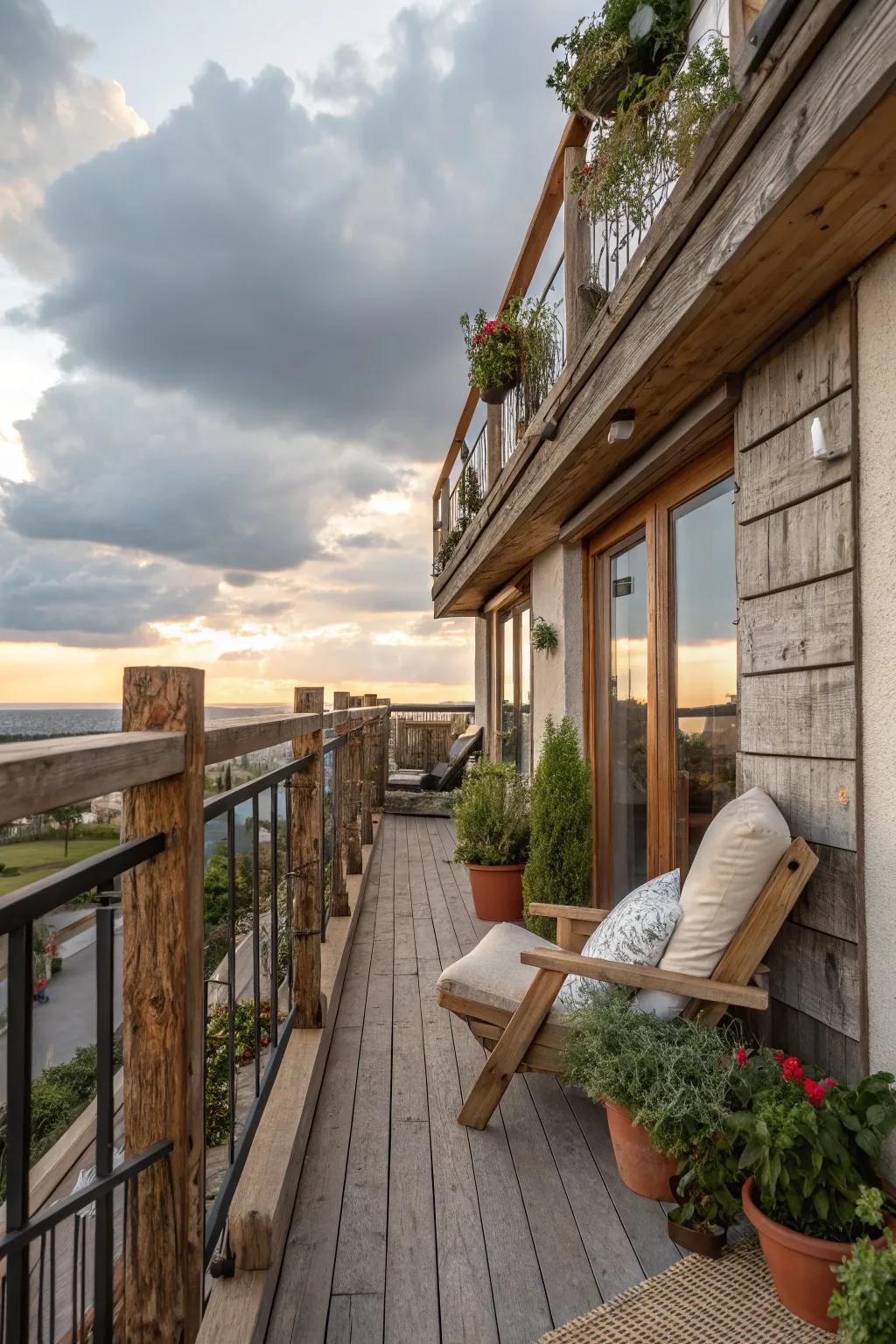 Reclaimed wood railings offer rustic charm.