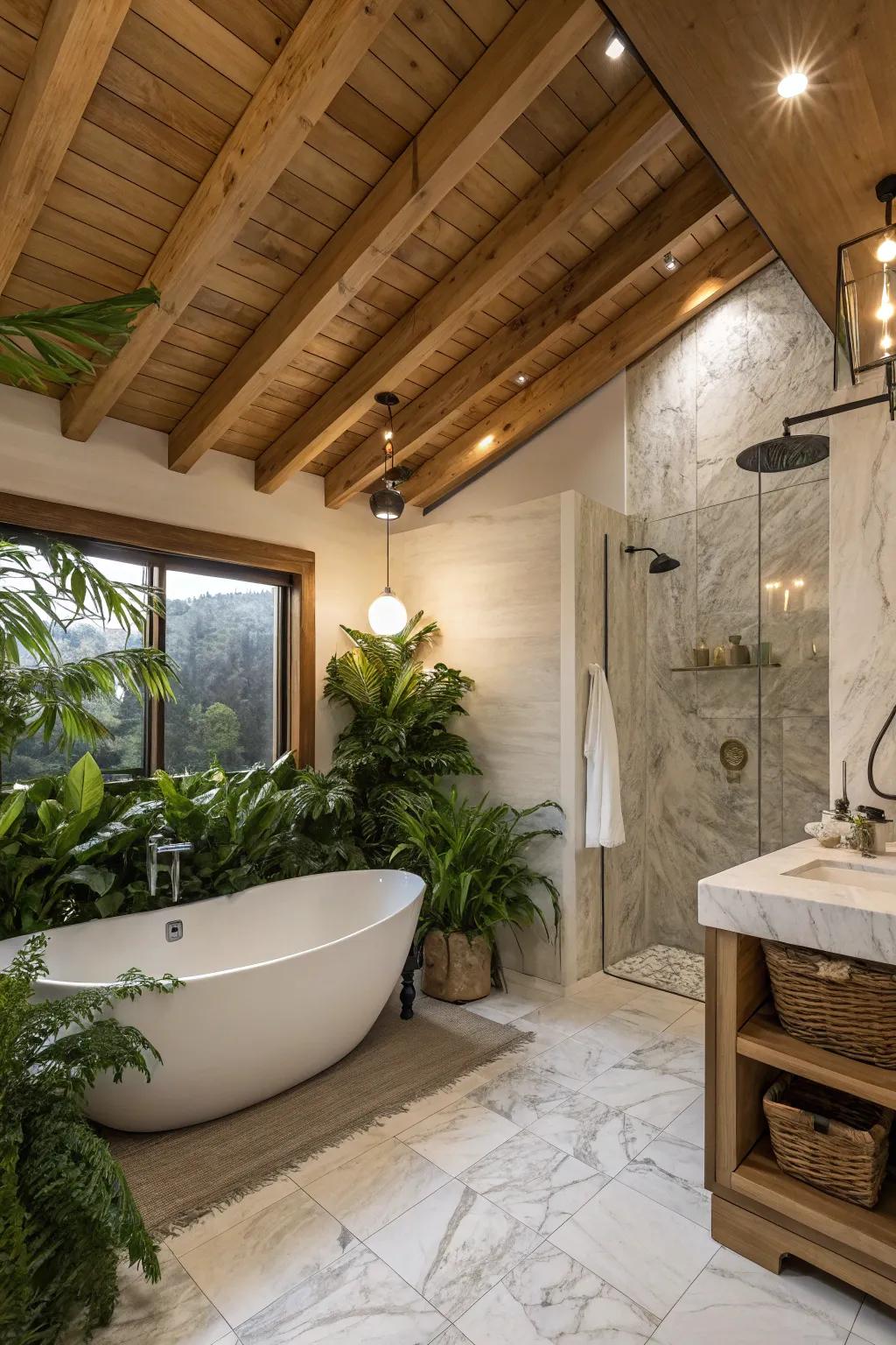 Timber beams add warmth to a peaceful bathroom layout.