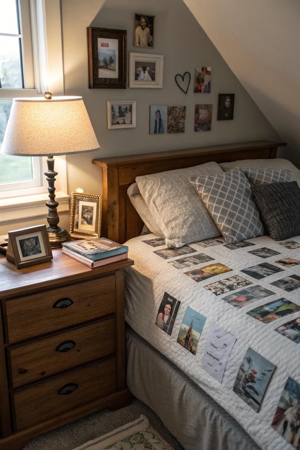 Personal decorative elements make the diagonal bed area feel homey.